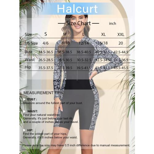 Size M.....Halcurt Women's Boyleg One Piece Rash Guard with Built in Bra Zip Front UPF50  Long Sleeve Full Body Surfing Swimsuit