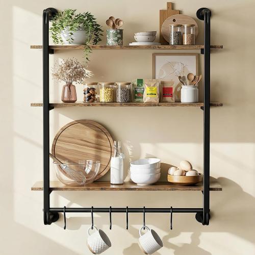 3 Tier Industrial Pipe Floating Shelf, 24 Kitchen Wall Shelves with Towel Bar & 6 Hooks, Coffee Bar Shelves Display Bookshelf Wall Shelf for Kitchen, Bathroom, Home Décor, Rustic Brown