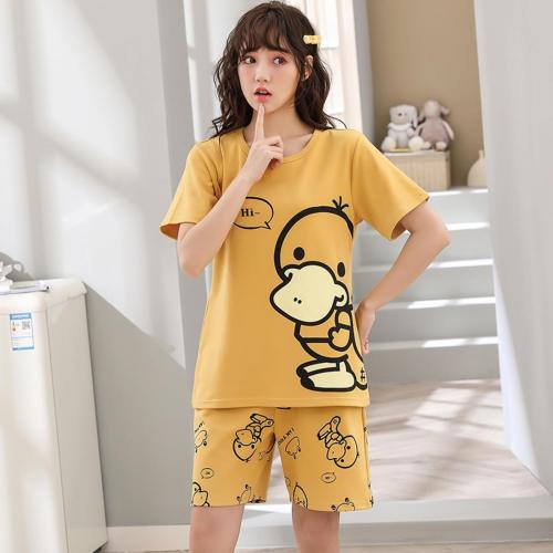 Size XL-Cute Pajama Set Short Sleeves Short Pants Cotton Kawaii Women Summer Cartoon With Pocket Sleepwear Pjs Nightshirt