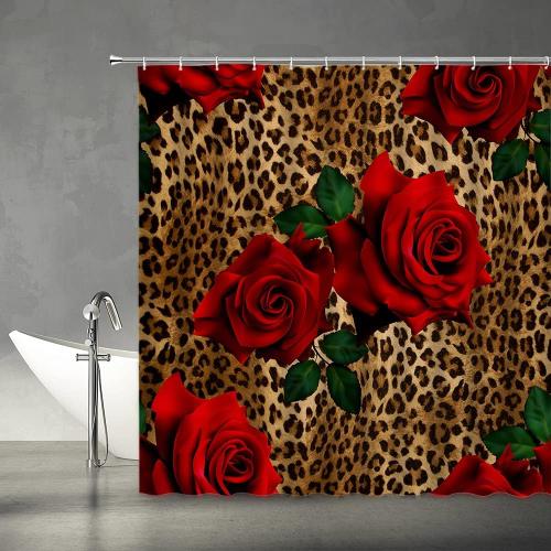 Leopard Flower Shower Curtain Red Rose Floral Valentines Wild Animal Print Mix Skin Pattern Creative Modern Woman Fabric Bathroom Decor Set with Hooks（70 WX70 H）