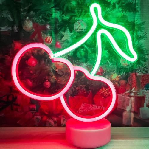 Cherry Neon Sign Lights LED Lamp Cherry Decor Birthday Party Decorations, Green Red Accessories for Women Fruit Gifts, USB/Battery Operated Neon Sign for Table Decor Room Home Girls Bedroom