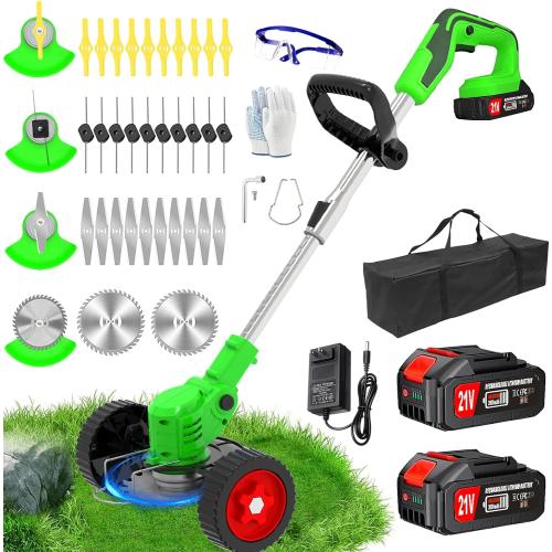 Cordless Weed Wacker Electric Eater Battery Powered Stringless Weed Trimmer 4-in-1 Grass Trimmer/Brush Cutter/Lawn Edger/Mower Lightweight Garden Tool with 4 Types Blades & Wheels for Garden Yard