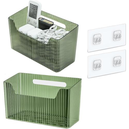 Set Of 2 Storage Organizer Bins Wall Mounted Shower Basket, Shower Caddy Stackable Clear Plastic Makeup Organizer Adhesive Hanging Bin for Bathroom, Kitchen, Cabinet, Pantry, BPA Free, Green