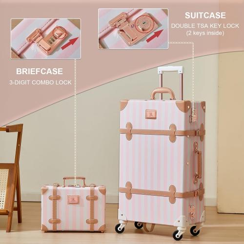 UNIWALKER Vintage Luggage Set, 2 Piece Faux Leather Carry on Suitcase with Spinner Wheels TSA Lock and Cosmetic Train Case for Women, Pink Strip, 20 12
