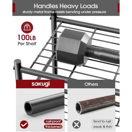 Sakugi Storage Shelves - 5-Tier Large Capacity Shelf Organizer with Hooks, Heavy-Duty Garage Shelving with Leveling Feet, Wobble-Free Rack for Bedroom, Balcony, Garage, Black