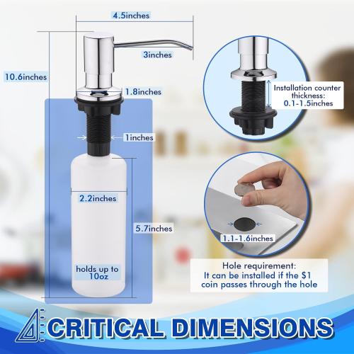 Polished Chrome Soap Dispenser for Kitchen Sink WEWE, Stainless Steel | Kitchen Sink Soap Dispenser Built in for Counter, Top Refillable, under Sink in Sink Soap Dispenser