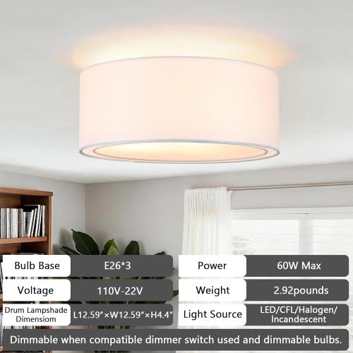 Luupyia 3-Light Double Fabric Drum Ceiling Light Fixture, 12.59 Inches Simple Semi Flush Mount Ceiling Lights with Double Fabric Shade, Modern Drum Chandelier for Bedroom, Hallway E26, 60W
