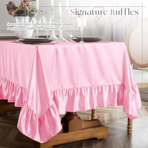 Vonty Ruffle Tablecloth Pink Satin Tablecloth - 60 x 102, Silky Table Cloth Rectangle Scalloped Table Cloth Farmhouse Tables Cover Silk Tablecloths Vintage Tables Skirt for Kitchen Dining