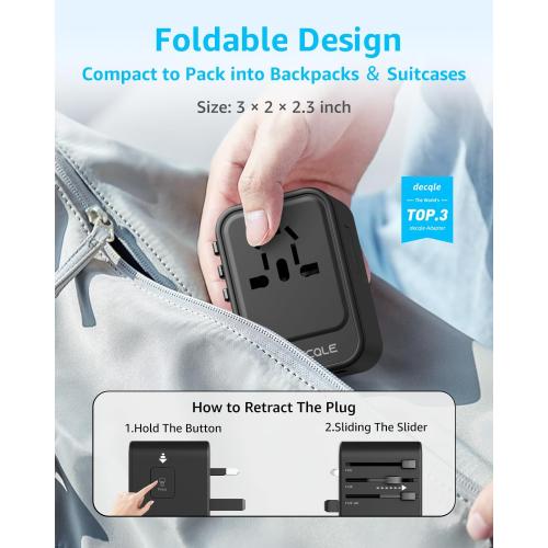 Universal Travel Adapter, International Travel Plug Adapter with 2 USB-C(GaN 65W) ＆ 1 USB-A Ports, All in One Portable Adaptor, for USA, UK, EU, AU ＆ 224  Countries (Black) US