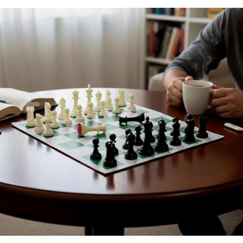 StonKraft 18.2'' x 18.2'' Tournament Chess Vinyl Foldable Chess Game with Solid Plastic Pieces (with Extra Queen) - Ideal for Professional Chess Players