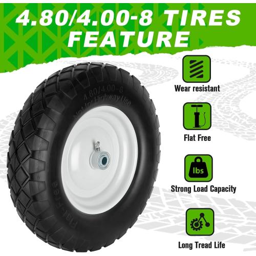4.80/4.00-8 Tire and Wheel, 16 Flat Free Solid Wheelbarrow Tire with 5/8&3/4 Bearings 3 Hub, 14-16 Universal Fit Wheelbarrow Tires for Hand Truck/Garden Trailer/Trolley/Wagons