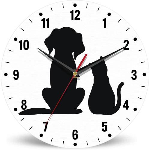 SPUNKER Clock for Bedroom,Black Cat Dog Wall Clock Battery Operated 10 Inch,Animals Round Clock Silent Non-Ticking Wall Decor for Farmhouse Office Home School Living Room Bedroom