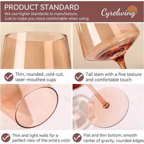 Brown Wine Glasses Set of 6-18oz【Hand Blown】 Crystal Amber Stemmed Venus Wine Glasses-Brown Wine Glass set for Fall Autumn Winter Wine Dinner