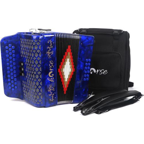 Horse 34 Key Accordion, FBE 12 Bass 3 Row, Made of Celluloid Louder & Clearer Timbre than Plastic,Accordions Instrument for Adults,W/Luxury Backpack,Straps,34 Buttons Acordeón Acordeones Para Adultos