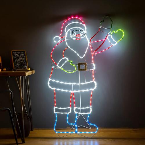 5FT Lighted Waving Santa Claus Animated Christmas Decoration, 273 LEDs Neon Lighted Figure for Outdoor Yard Decor, Indoor Holiday Party