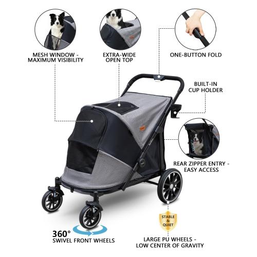 Dog Stroller for Large & Medium Dogs, Pet Stroller for 2 Dogs | 360° Wear-Resistant Wheels • Foldable Design • Breathable Mesh Windows • Heavy-Duty Construction • Fits 2 Dogs