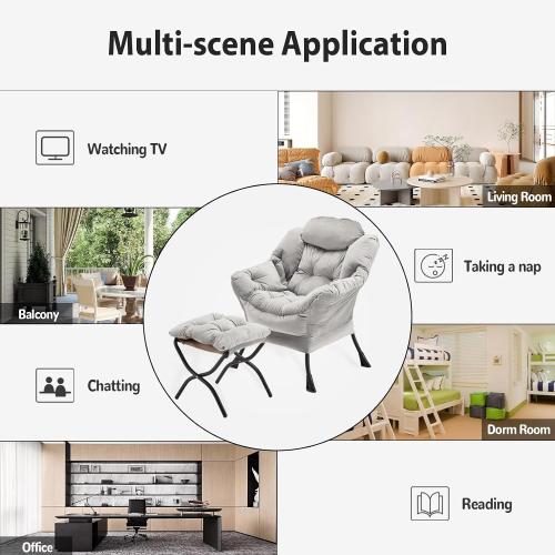 Youtanic Lazy Chair with Folding Ottoman, Accent Chair Velvet Upholstered with Metal Structure and Non-Slip Pads, Sofa Armchair with Footrest and Side Storage Bag for Dorm, Room, Office, Light Gray