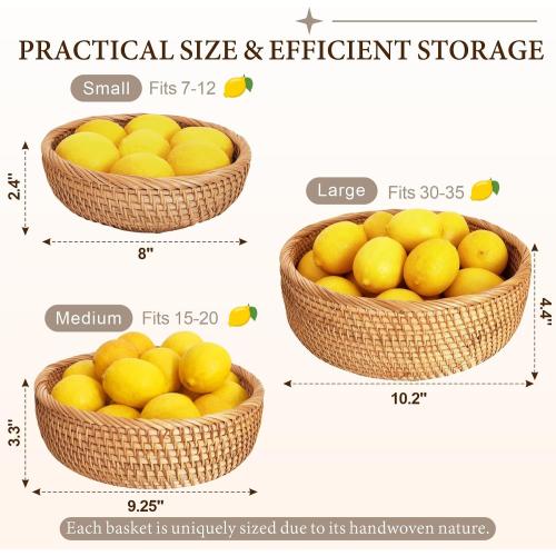 9.2 Medium Round Rattan Wicker Bread Basket, Natural Fruit Basket for Kitchen Counter, Hand Woven Food Baskets, Artisanal Bread Baskets for Serving, Fruit, Vegetable, Snack, key, Etc.