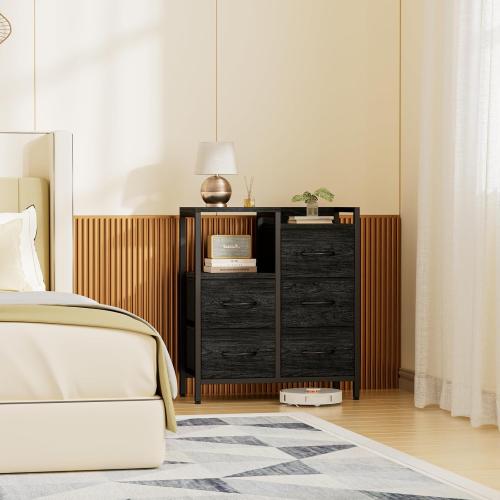 Furnulem 5 Drawer Black Dressers for Bedroom 2 Tier Shelf Storage Small Fabric Dresser for Closet Sturdy Metal Frame Modern Style Storage Cabinets Organization Units for Hallway Rooms