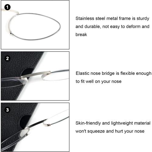 MMOWW 3 Pack Slim Armless Reading Glasses with Portable Cases for Women Men, Pocket Size Small Readers Comfortable Nose Pads