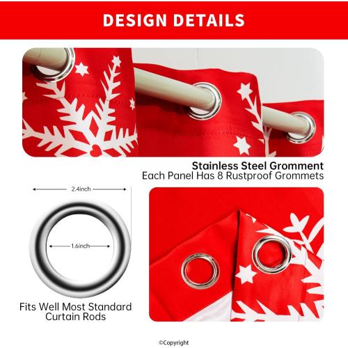 Snowflake Christmas Curtains Living Room 52 x 84 inch, 2 Panels, Grommet Printed Fabric Decorations Blackout Curtains, Thermal Insulated Holiday Red Window Drapes Panel for Kid Room, and Indoor