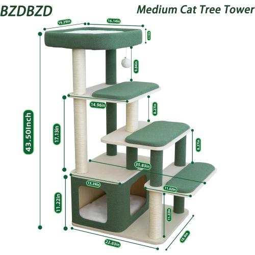 Modern Wood Cat Tree Tower for Large Cats - 43.5 Indoor Wooden Cat Condo with Sisal Scratching Posts, Washable Cushions, Large Top Perch & Easy Climb Steps for Elderly/Short-Legged Cats Multi-Cat Use
