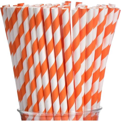 ALINK 100 Orange and White Striped Paper Straws, Biodegradable Disposable Drinking Straws for Halloween, Bridal Shower, Brithday, New Year, Party Decoration Supplies