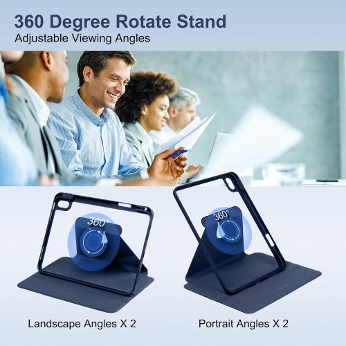 Rotating Case for 10th Gen iPad, Clear with Pencil Holder, 360 Folio Stand, Soft TPU, Sleep/Wake, Dark Blue