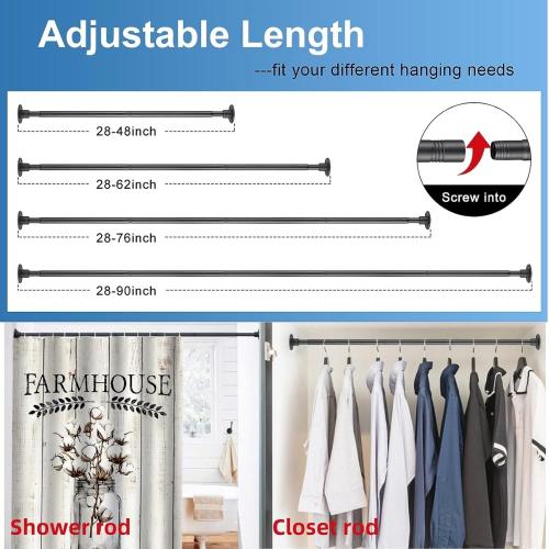 Heavy Duty Shower Rod - Industrial Shower Curtain Rod Wall Mounted for Bathroom,Room Divider,Outdoor Patio - 28 to 62Adjustable Closet Rod for Hanging Clothes,Black