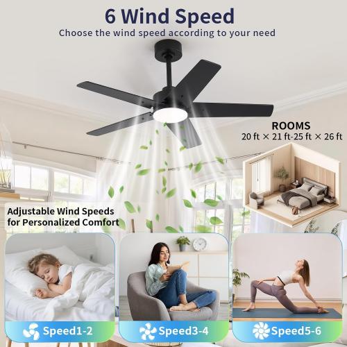 42 Inch Ceiling Fans with Lights and Remote for Bedroom Living Room Kitchen Home Office Indoor/Outdoor, 6CCT Dimmable, Dual Color 5 Blades, 6 Speed Reversible Quiet DC Motor, Black/Wood Grain