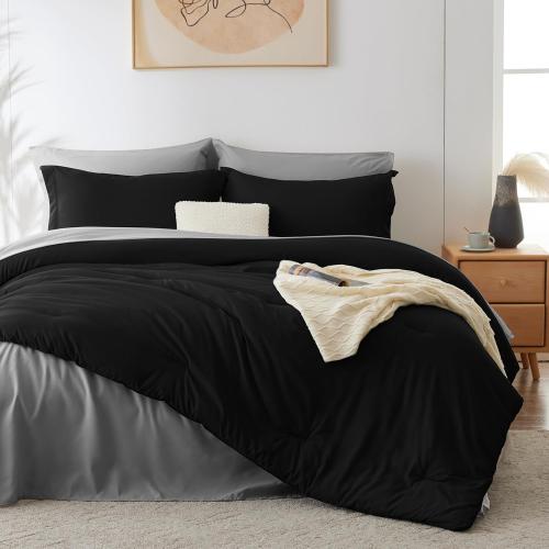 CozyLux Black Queen Comforter Set - 7 Piece Bed in a Bag Bedding Set with Comforter, Flat Sheets, Fitted Sheet, Pillowcases & Shams - Boho Contrasting Design Black and Grey
