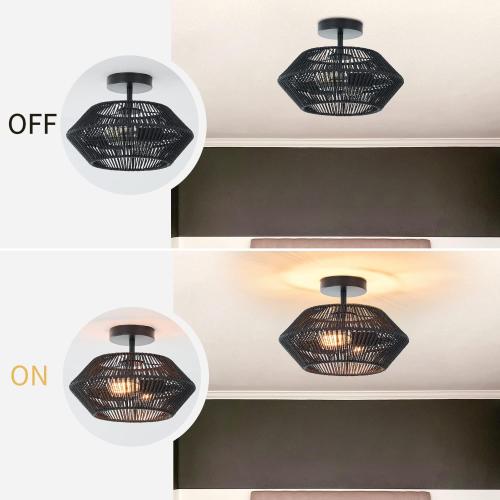 2-Lights Woven Rattan Ceiling Light Fixture, Black Farmhouse Hand-Woven Cage Semi Flush Mount Ceiling Light, Small Boho Coastal Basket Close to Ceiling Light for Bedroom Hallway Nursery Entryway