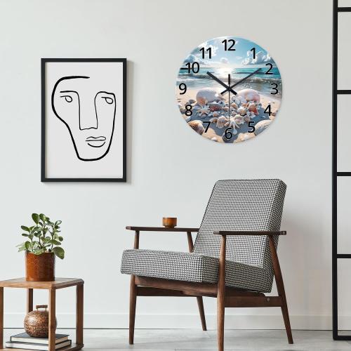 XNM 16 Inch Large Wall Clocks Battery Operated Coastal Shell Glass Clocks for Living Room Decor Blue Silent Wall Clock No Ticking