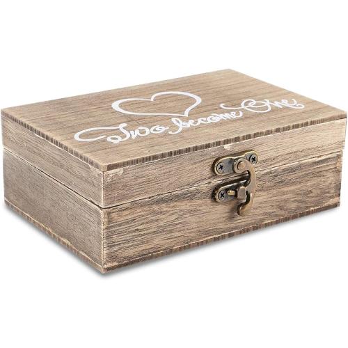 Juvale Ring Bearer Box - 6 x 4 x 2 in, Brown Rustic Wood - Wedding Ring Box for Ceremony with Burlap Pillow & Mr & Mrs Inscription