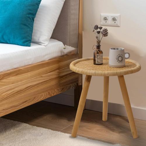 Small Side Table, Rattan Round Coffee Table, Boho Circle Side Tables End Table for Living Room, Mid Century Accent Table for Bedroom Balcony