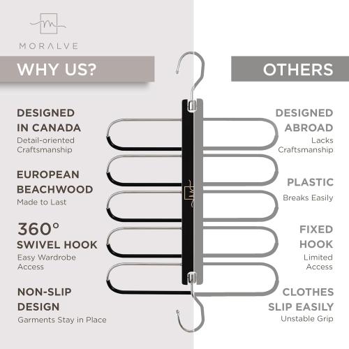 MORALVE Pants Hangers Space Saving - 2 Pack European Beechwood Scarf and Jean Hangers - Closet Organizer and Space Saver Pant Rack, Leggings Hanger, and Scarf Holder with 360° Swivel Hook