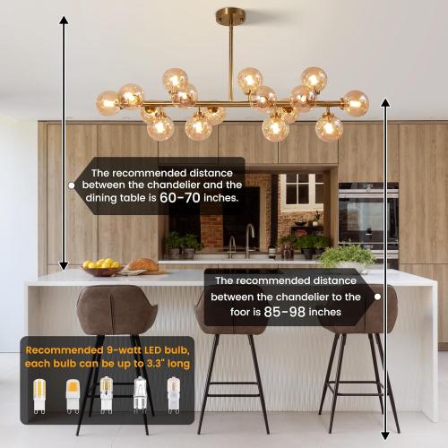 Modern Gold Chandelier Rectangle Pendant Light Ammber Globe Glass Sputnik Chandeliers Hanging Light Fixture 16-Light