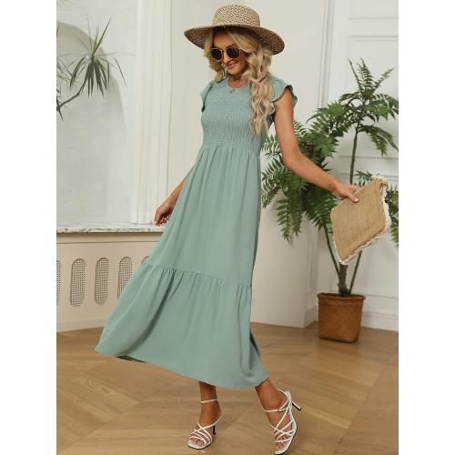 Size M  Women's Casual Maxi Dresses with Pockets Ruffle Sleeve Smocked Dresses