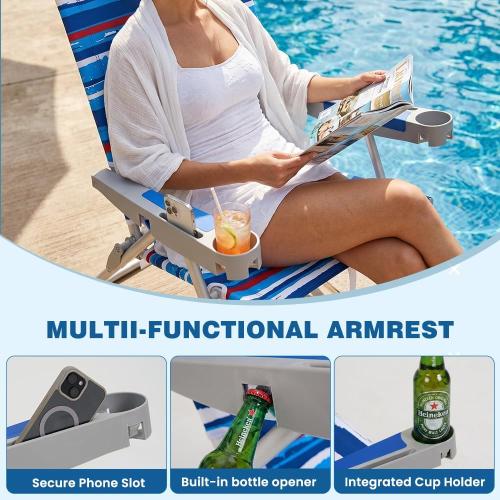 SUNNYFEEL Folding Beach Chair for Adults, High Back 5-Position Reclining | 180° Lay Flat Oversized Portable Sand Chair with Cup Holder and Towel Bar Heavy Duty for Beach/Lawn/Outdoor/Camping/Sports