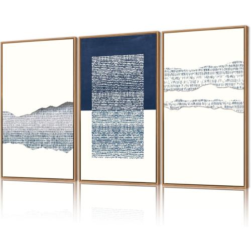 TOARTi Framed Canvas Blue White Abstract Illustration Wall Art (Set of 3, 16x24 inches) Boho Mid Century Modern Art Print, Neutral Minimalist Wall Decor for Living Room Bedroom Home Office