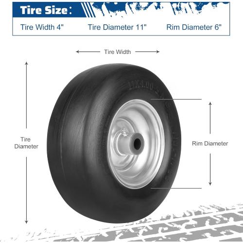 2pack 11x4.00-5 Flat Free Solid Tubeless Tire w/Silvery Steel Rim Fits Zero Turn Mowers, 3.4-4-4.5-5 Centered Hub, Bore ID: 3/4 or 5/8, Come with Universal Adapter Kit, Set of 2