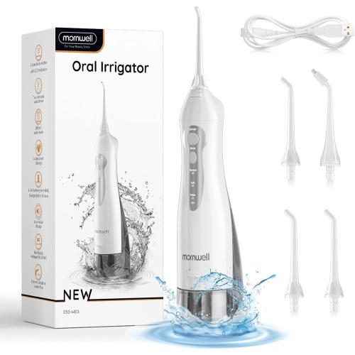 Mornwell Water Flosser Cordless, Water Flossers for Teeth - 300ML Tank and 4 Jet Tips, 3 Modes Portable Dental Oral Irrigator, Braces Care, Rechargeable Waterproof Portable Water Flosser (White)