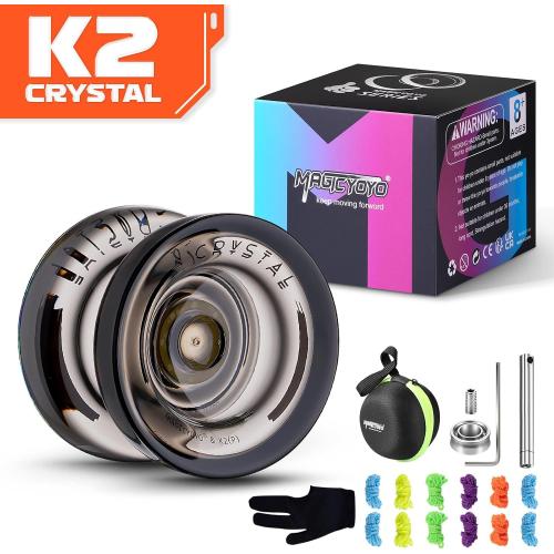 MAGICYOYO K2 Crystal Black Yoyo Professional, Responsive Yoyo for Kids Beginners with Extra Unresponsive Yo Yo Bearing, Pro Plastic Trick Yo Yo for Adults 12 Stings Bearing Removal Tool Storage Bag