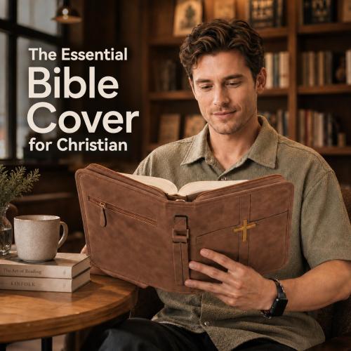 PU Leather Bible Cover, Men & Women, Cross Design & Pockets, Brown