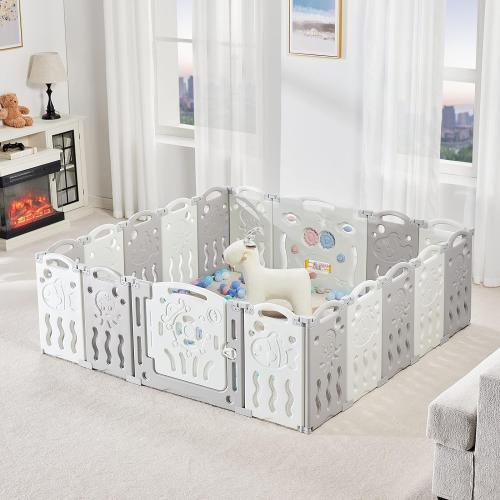 Albott Baby Fence Kid Playpen 18 Panel Albott Play Yard - Foldable Kids Safety Activity Center Playard Safety Lock Gate,Adjustable Shape, Portable Design for Indoor and Outdoor (18 Panel, Grey White)