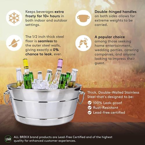BREKX Stainless Steel Ice Bucket for Parties, Double Wall Insulated Anchored Brushed Drink Tub & Wine Bucket with Double Hinged Handles, Drink Chiller for Parties, 12QT (3 Gallon), 100% Leak Proof
