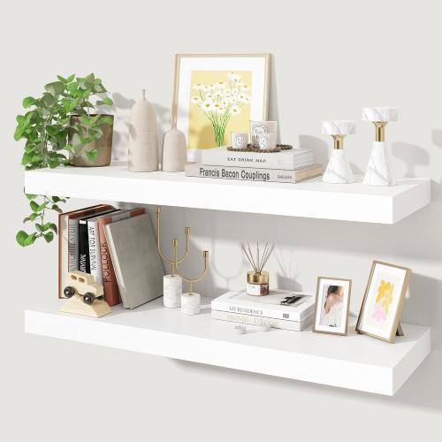 32x 9.3x1.5 inch set of 2 white  Floating Shelves for Wall, 2 Pack Shelves for Bedroom, Bathroom, Kitchen, Hanging Wall Mounted Rustic Wood Shelf with Invisible Brackets for Books Decor, White