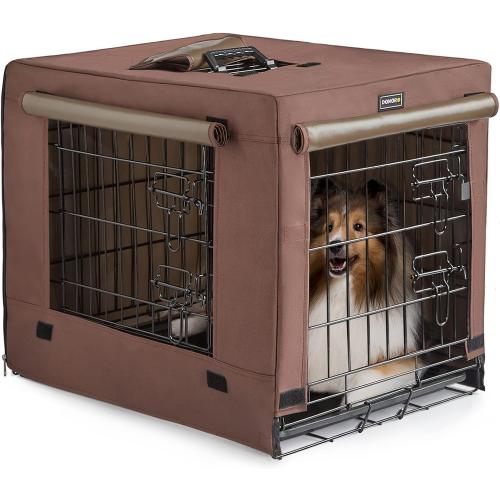 DONORO Dog Crates for Small Size Dogs Indoor Double Door Dog Kennels & Houses for Puppy and Cats, Collapsible Metal Contour Dog Cages (Brown, 24.0 L x 18.0 W x 20.0 H)