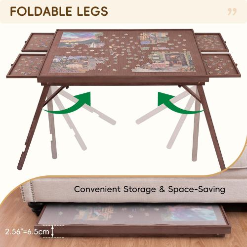 TEAKMAMA 27.6 H Tall Puzzle Board 1500 Piece Puzzle Table with Legs, 4 Drawers, 34.3 W x 26.5 D Large Wood Folding Jigsaw Puzzle Board with Cover for Adults, Chocolate Brown