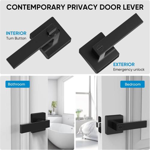 TICONN 1PK Matte Black Door Handles Interior, Reversible Square Door Levers Knob for Hallway, Bedroom, Bathroom (with Lock, 1PK Privacy)